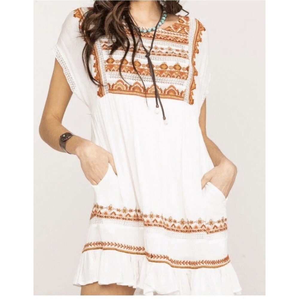 FREE PEOPLE SUNRISE WANDERER MINI DRESS EMBROIDERED BOHO WESTERN LACE SIZE XS